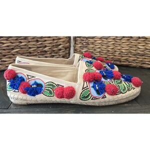 TORY BURCH Ellis Pom-pom‎ Embroidered Leather Textile Espadrille Flats 7.5 Shoes